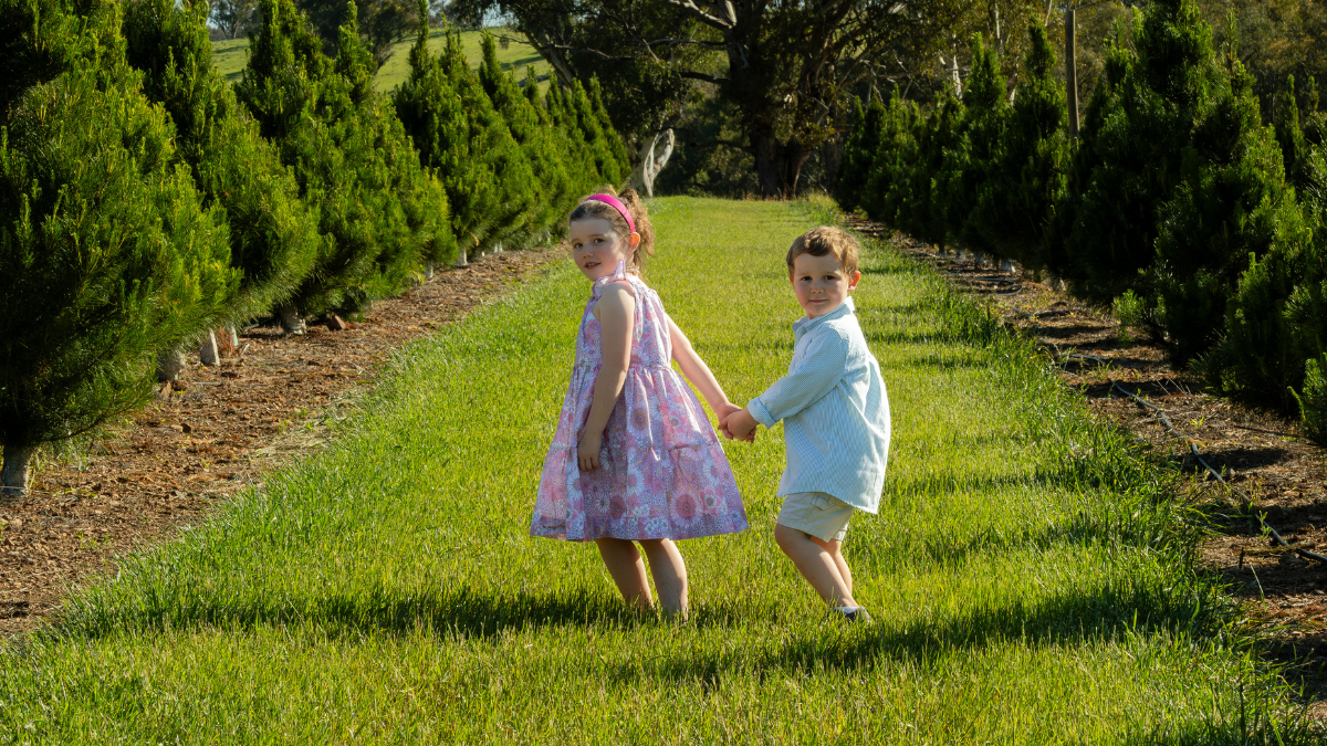 2 kids in a christmas tree farm